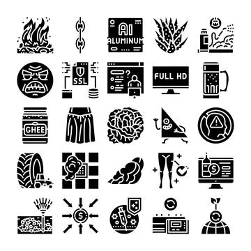 Collection of flat black icons representing various concepts Stock Illustration