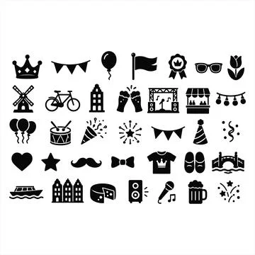 Collection of Flat Black Icons Representing Festive Events and Dutch Cultur.. Stockillustratie