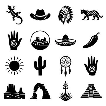 Collection of flat black icons representing Southwest American and Mexican .. Stock Illustration
