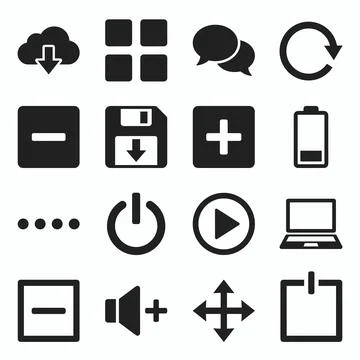 Collection of flat black interface icons including cloud download, grid, sp.. Stock Illustration