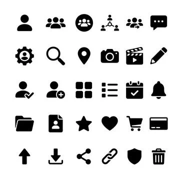 Collection of flat black vector icons representing user profiles, settings,.. Ilustración de archivo