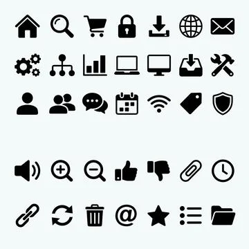 Collection of flat black vector icons representing common web and user inte.. Stock Illustration