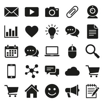 Collection of flat black vector icons representing communication, technolog.. Stock Illustration