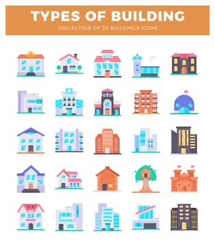 Collection of flat building icons with diverse architectural styles. isolat.. Ilustración de archivo