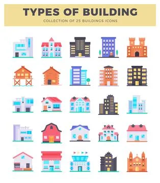 Collection of flat building icons in a grid on a white background. Ilustración de archivo