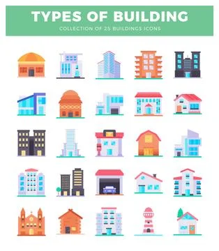 Collection of flat building icons in a grid layout. Ilustración de archivo