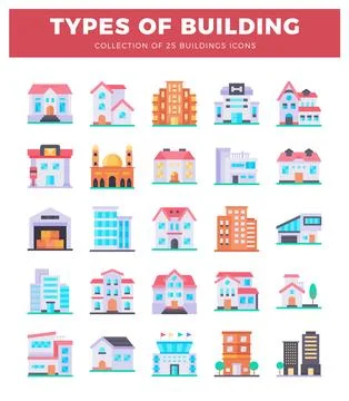 Collection of flat building icons in a grid formation with title. Ilustração Stock