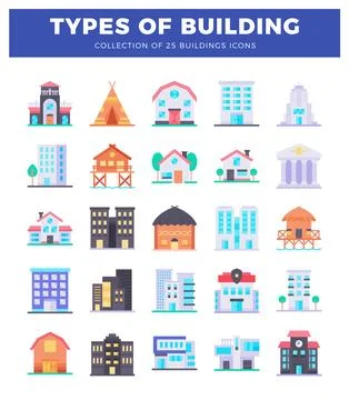 Collection of flat building icons showcasing diverse architectural styles o.. Illustrazione stock