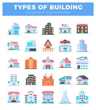 Collection of flat building icons with various architectural styles and res.. Ilustración de archivo