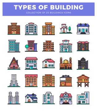 Collection of flat building icons in various styles on a white background. Ilustración de archivo