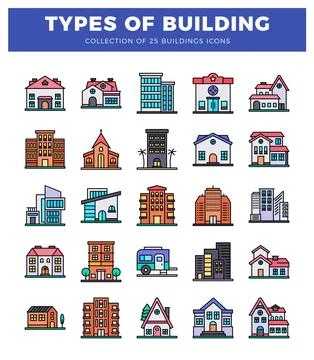 Collection of flat building icons on white background Ilustración de archivo