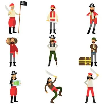 Collection of flat cartoon pirate characters in different situations, robbers Stock Illustration