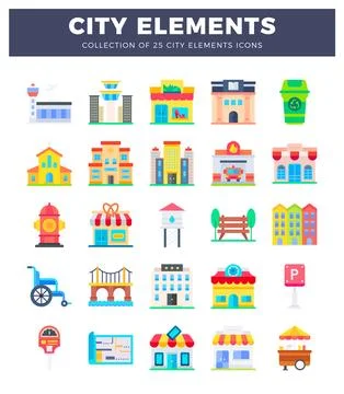 Collection of flat city element icons on a white background. Stock Illustration