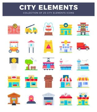 Collection of flat city element icons with diverse buildings and vehicles. Ilustración de archivo