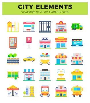 Collection of flat city elements icons buildings. vehicles. and services. 库存插图