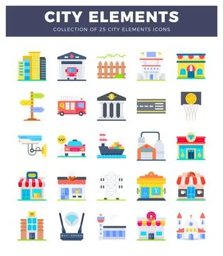 Collection of flat city elements icons in colorful cartoon style. Stock Illustration