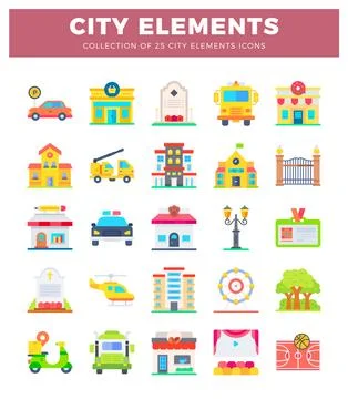 Collection of flat city icon elements with vehicles. buildings and amenities Stock Illustration