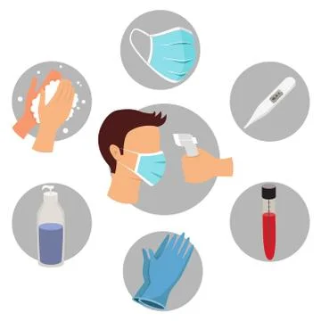 Collection of flat, color, vector icons. Coronavirus and epidemy protection. Stock Illustration