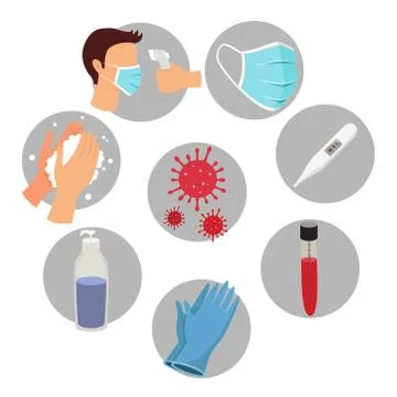Collection of flat, color, vector icons. Coronavirus and epidemy protection. Stock Illustration