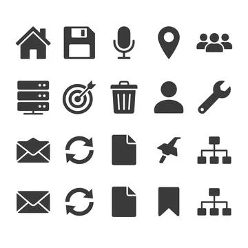 Collection of flat dark gray vector icons representing common digital inter.. Stock Illustration