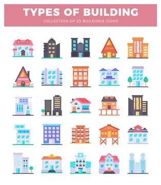 Collection of flat design building icons on a white background. Ilustración de archivo