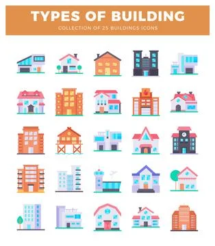 Collection of flat design building icons on white background Ilustración de archivo