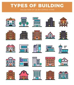 A collection of flat design building icons for urban planning on white back.. Stock Illustration