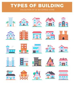 Collection of flat design building icons for urban and residential settings.. Ilustración de archivo