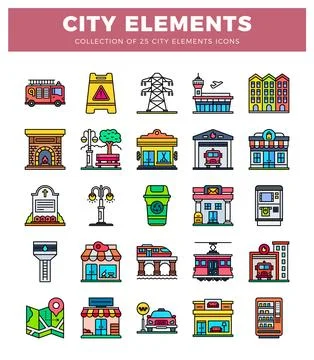 Collection of flat design city element icons presented on white background Stock Illustration
