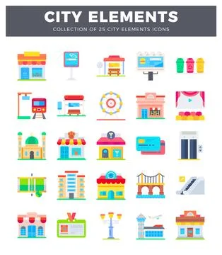 Collection of flat design city element icons with vibrant colors Stock Illustration