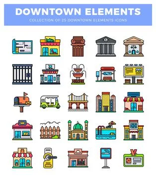 Collection of flat design downtown elements icons on white background 스톡 일러스트