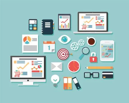 Collection of flat design icons, computer and mobile devices, cloud computing Stock Illustration