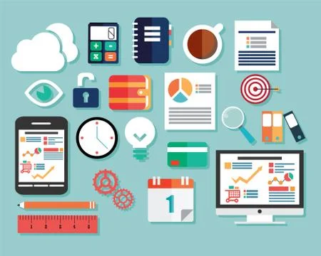 Collection of flat design icons, computer and mobile devices, cloud computing Stock Illustration
