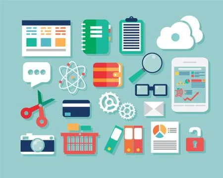 Collection of flat design icons, computer and mobile devices, cloud computing Stock Illustration