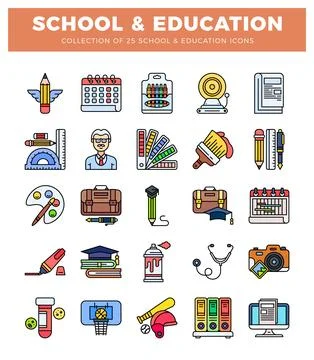 A collection of flat design icons representing school and education items o.. Illustrazione stock