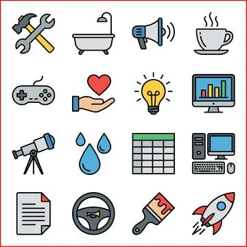 Collection of Flat Design Icons Representing Various Concepts and Objects. Ilustração Stock