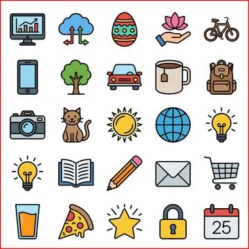 Collection of Flat Design Icons Representing Various Concepts and Objects. Illustrazione stock