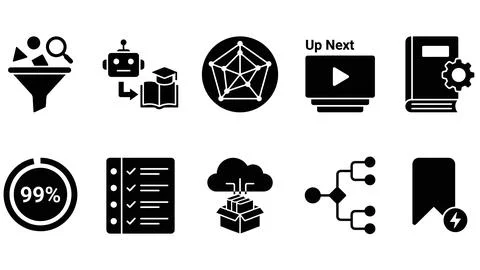 Collection of flat design icons representing data analysis, machine learnin.. Stock Illustration