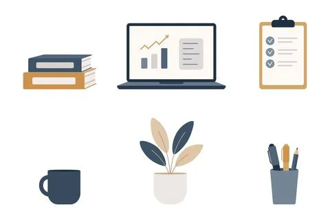 A collection of flat design icons representing office supplies Stock Illustration