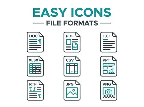 Collection of flat design icons representing common file formats like DOC, .. Stock Illustration