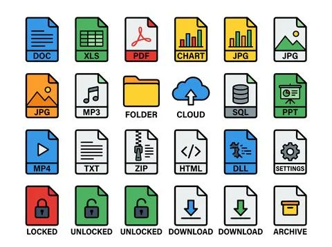 Collection of flat design icons representing various digital file types and.. Stock Illustration