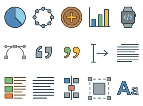 Collection of flat design icons representing data visualization, UI element.. Stock Illustration