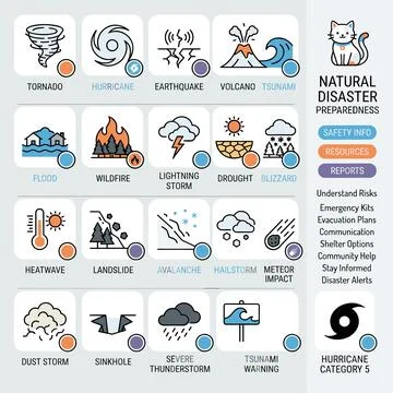 Collection of flat design icons representing various natural disasters and .. Stock Illustration