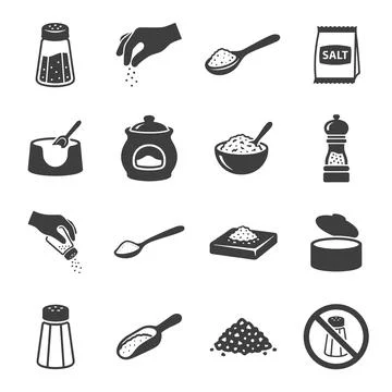 Collection of flat design icons representing salt and pepper shakers, grind.. Stock Illustration