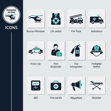 Collection of flat design icons representing emergency services and rescue .. Stock Illustration