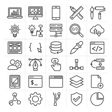 Collection of flat design icons representing web development, programming, .. Stock Illustration