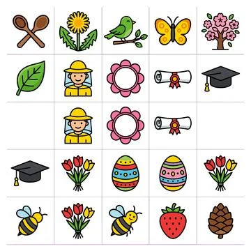 Collection of flat design icons representing spring, nature, and education .. Stock Illustration