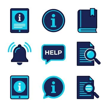 Collection of flat design icons representing information, help, and search,.. Stock Illustration