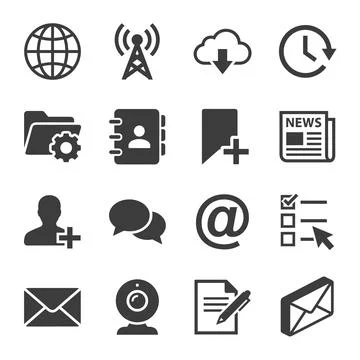Collection of flat design icons representing communication, technology, and.. Stock Illustration
