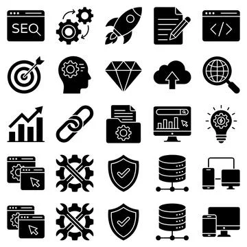 Collection of flat design icons representing digital marketing, SEO, web de.. Stock Illustration